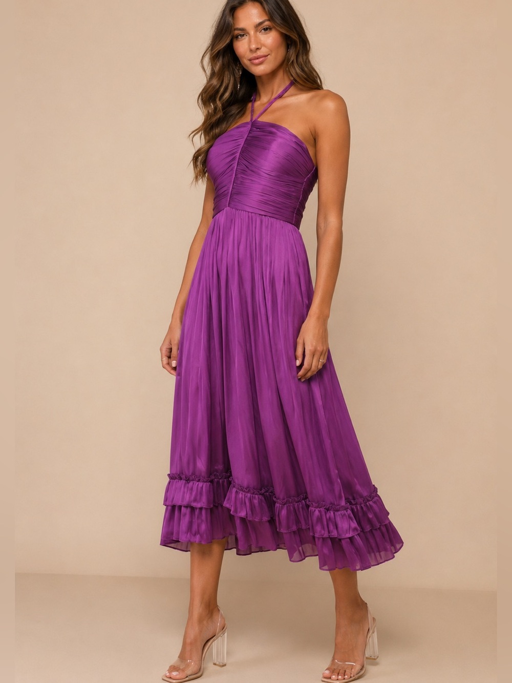 Lulus Pleasing Chicness Purple Satin Halter Tiered Midi Dress
